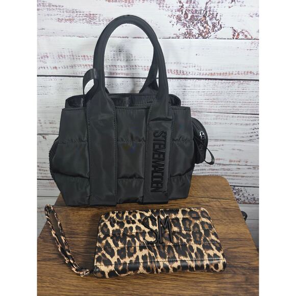 Steve Maden Handbags - Steve Madden Crossbody Blk Puffer Purse and Puffer Leopard Print Wallet